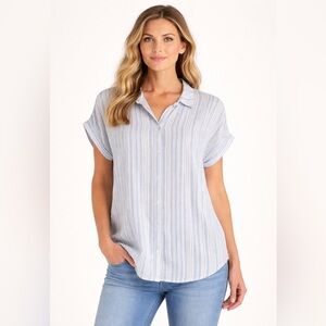 Tommy Bahama Linen Rayon Striped Shirt Women’s Large Blue Button Up Casual Beach